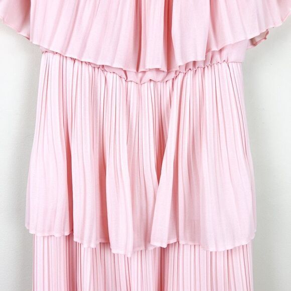 B Darlin Light Blush Pink Tiered Pleated Chiffon Off the Shoulder Dress - Picture 4 of 8